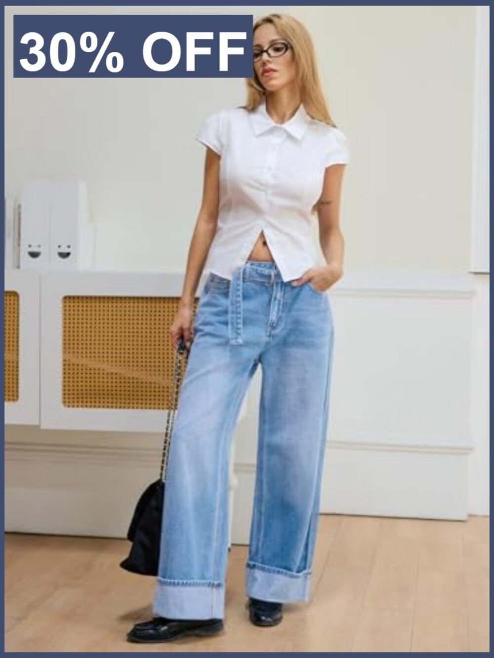 High Waisted Wide Leg Cuffed Denim Jeans with Belted Detail - Picture 3 of 7
